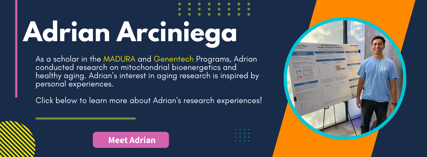As a scholar in the MADURA and Genentech Programs, Adrian conducted research on mitochondrial bioenergetics and healthy aging. Adrian’s interest in aging research is inspired by personal experiences.   Click here to learn more about Adrian's research experiences!