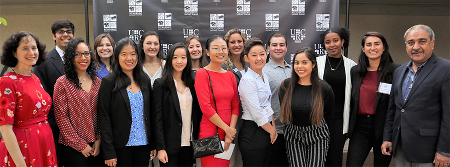 1 of 1, UC San Diego students pose with Chancellor Khosla and Vice Chancellor Simmons at the 2019 Undergraduate Research Conference